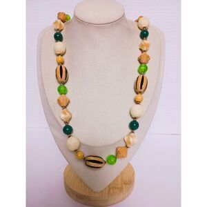 Vintage Chunky Wood and Green with Cream Acrylic Beaded Statement Necklace